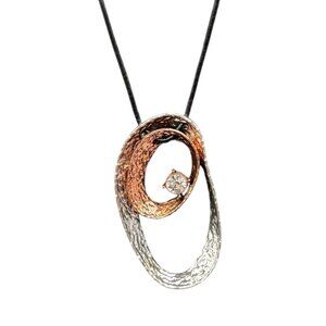 Clear Rhinestone Textured Open Oval Pendant Black Cord Necklace Modernist